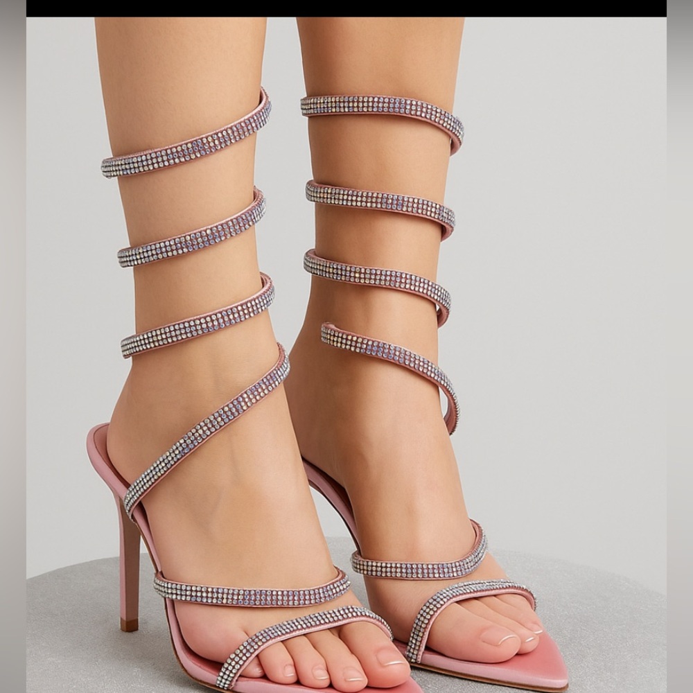 ✨ Pink Rhinestone Spiral Heels | Satin Pointed Toe Stilettos (Size 8) (B14)✨✨